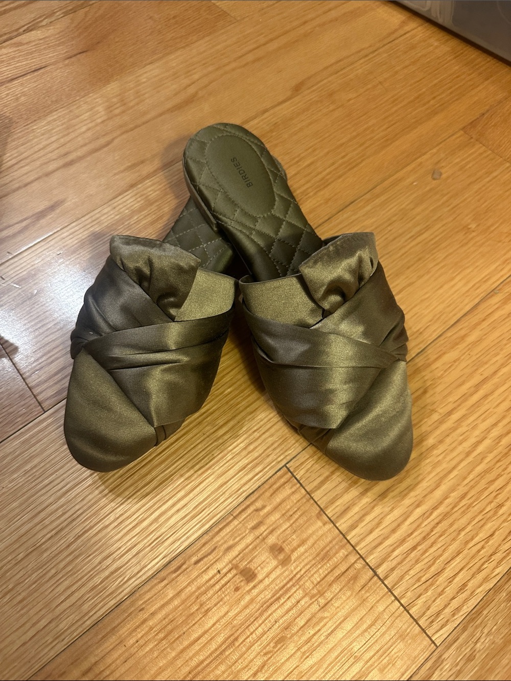 Birdies khaki green Satin Knotted Slide Mules - Women